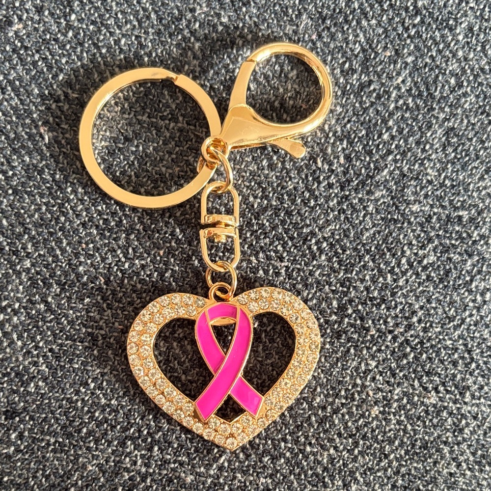 BREAST CANCER AWARENESS Gold and Pink Heart Bag Charm/Keychain with Ribbon - Picture 1 of 6